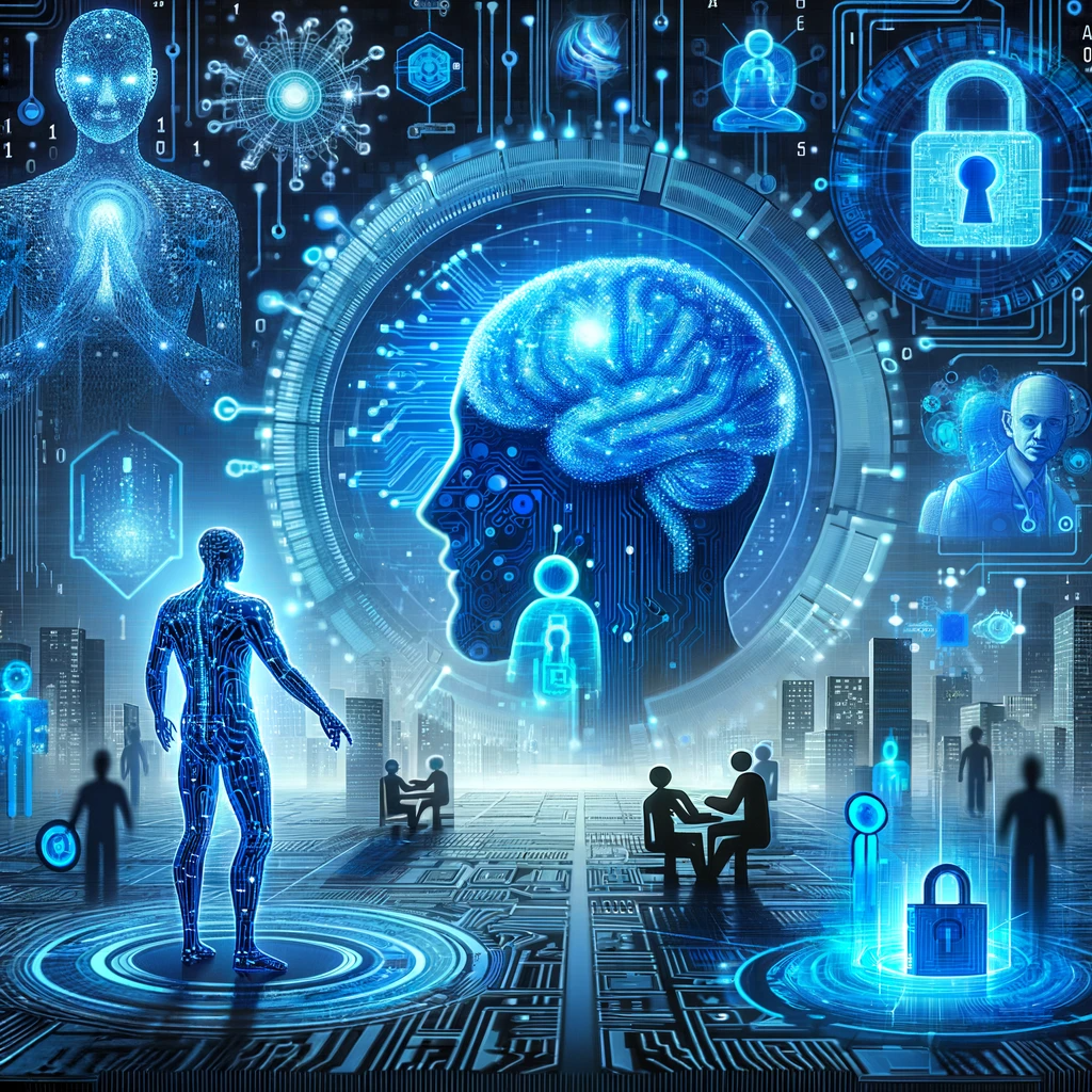 A conceptual image combining themes of digitalization artificial intelligence human interaction and cyber threat